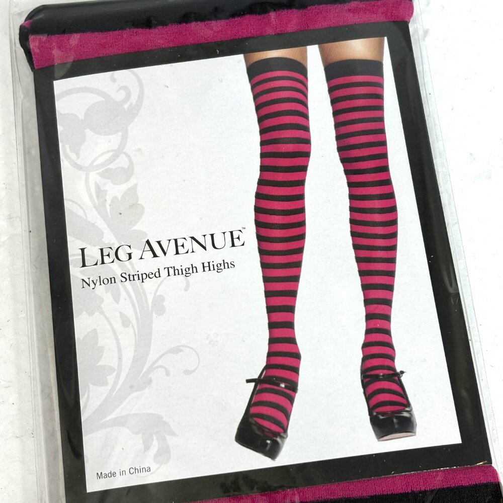 *Leg Ave #6005 Thigh High Fuschia Dark Pink & Black Stripe NWT NOS